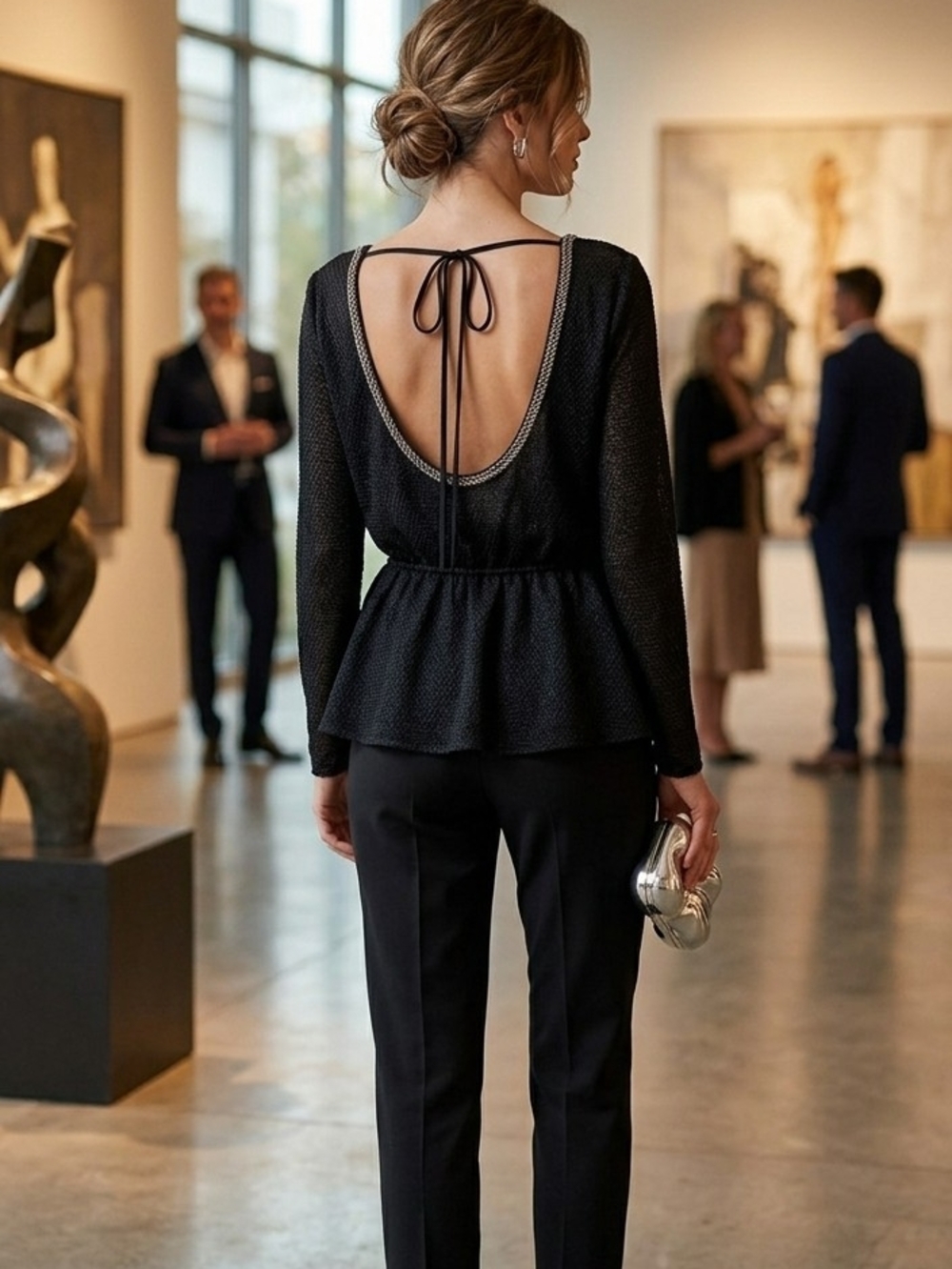 Armani Exchange Black Open-Back Peplum Top with Tie - Size M